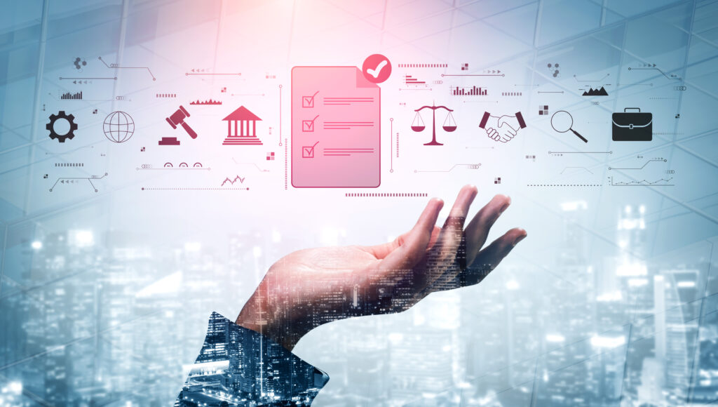 The process of ensuring regulatory compliance and finalizing business legal agreements. A concept of meeting standards, due diligence, and contracts. Motif