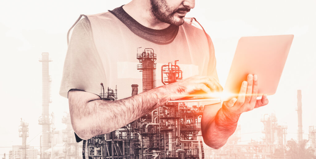 Future factory plant and energy industry concept in creative graphic design. Oil, gas and petrochemical refinery factory with double exposure arts showing next generation of power and energy business.